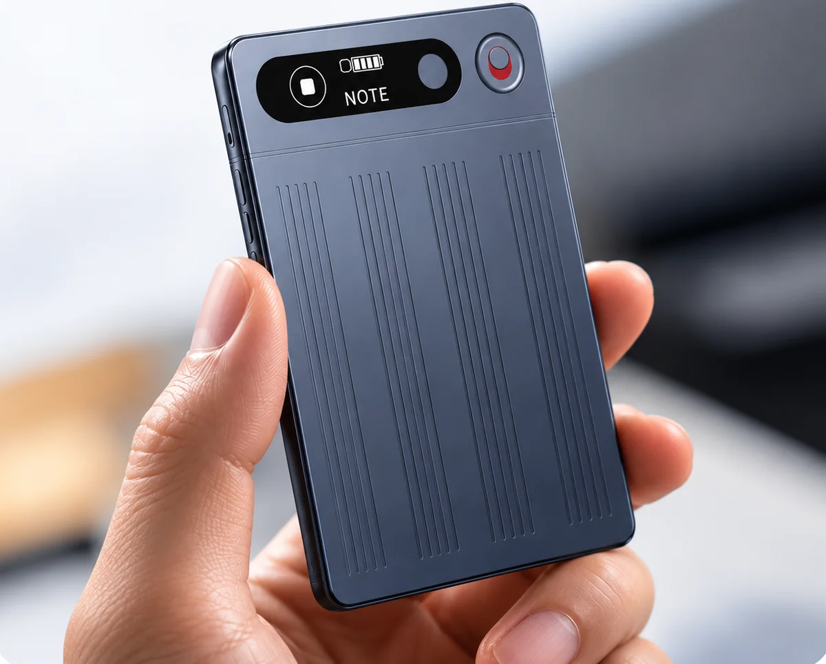 OneVerse credit-card-sized recording device held in a hand